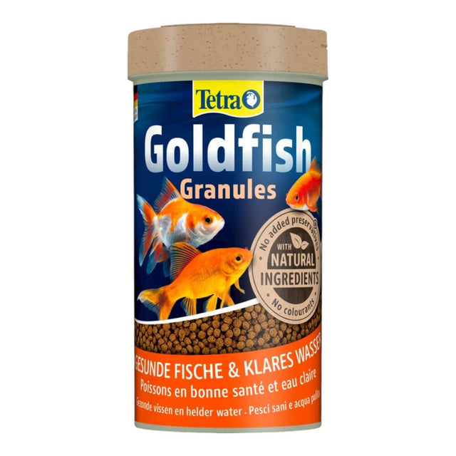 Tetra Goldfish Granules packaging for nutritious coldwater fish food with natural ingredients.