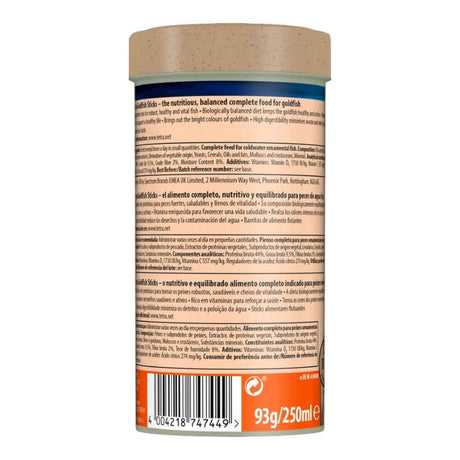 Tetra Goldfish Sticks packaging showcasing balanced complete food for healthy, vibrant goldfish.