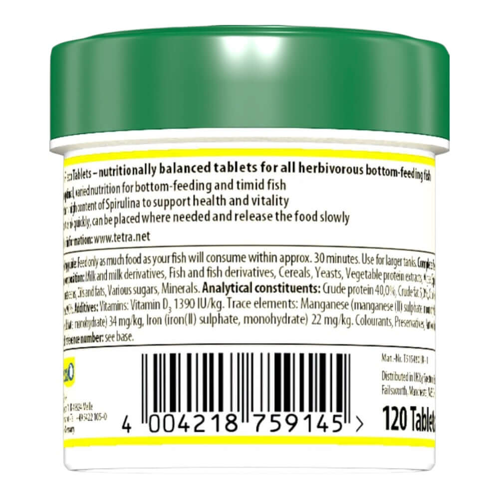 Tetra Pleco Tablets container back view, nutritional info for herbivorous bottom-feeding fish, 120 tablets.