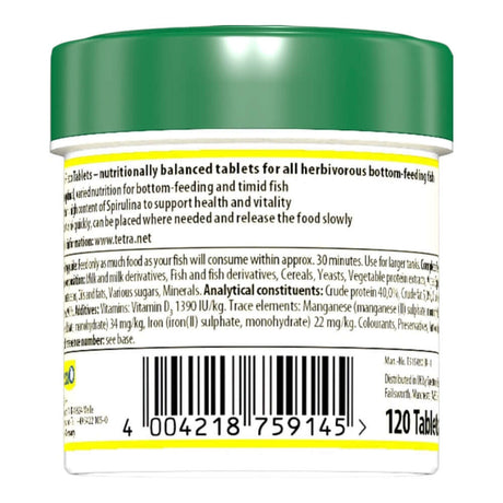 Tetra Pleco Tablets container back view, nutritional info for herbivorous bottom-feeding fish, 120 tablets.