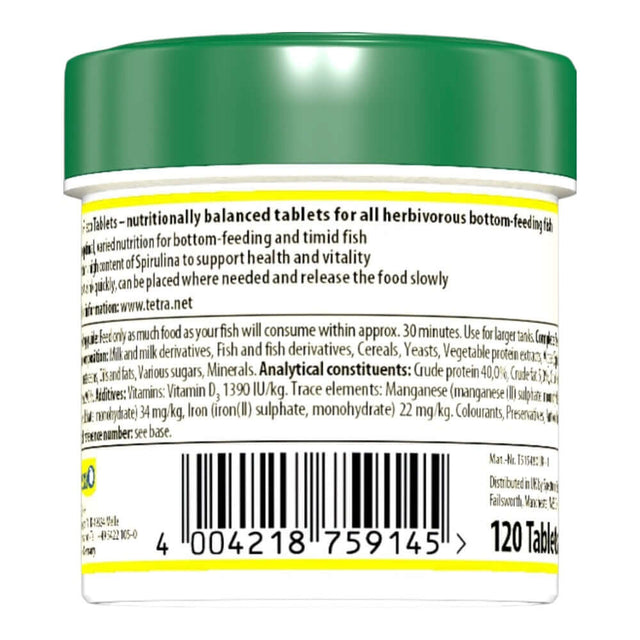 Tetra Pleco Tablets container back view, nutritional info for herbivorous bottom-feeding fish, 120 tablets.