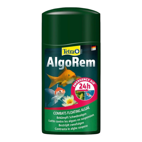Tetra Pond AlgoRem bottle for combating floating algae in ponds, effective in 24 hours, with goldfish and plant illustration.