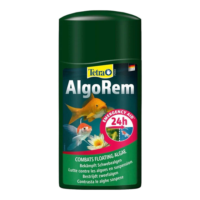 Tetra Pond AlgoRem bottle for combating floating algae in ponds, effective in 24 hours, with goldfish and plant illustration.