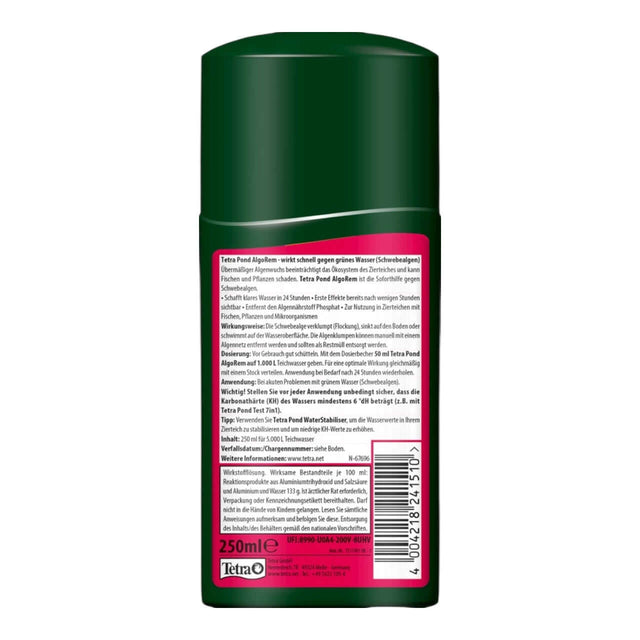 Tetra Pond AlgoRem 250ml bottle for algae control in ponds, effective within 24 hours for clear water.