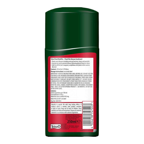 Tetra Pond MediFin 250ml bottle back view, multi-purpose fish disease remedy for ornamental ponds.