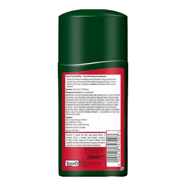 Tetra Pond MediFin 250ml bottle back view, multi-purpose fish disease remedy for ornamental ponds.