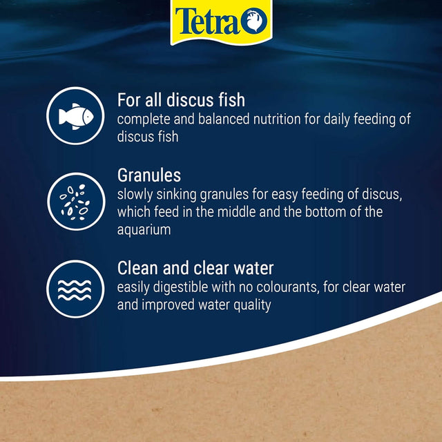 Tetra Prima Granules packaging highlighting nutrition for discus fish, slowly sinking granules, and improved water quality.