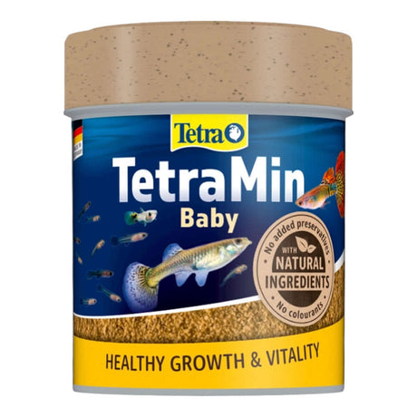 TetraMin Baby fish food container promoting healthy growth and vitality for baby ornamental fish.