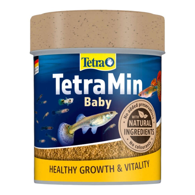TetraMin Baby fish food container promoting healthy growth and vitality for baby ornamental fish.