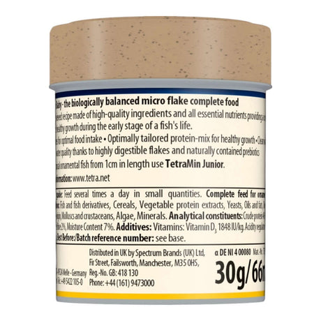 TetraMin Baby micro flakes for ornamental fish growth, balanced nutrition for fish up to 1 cm, promoting strong immune systems.