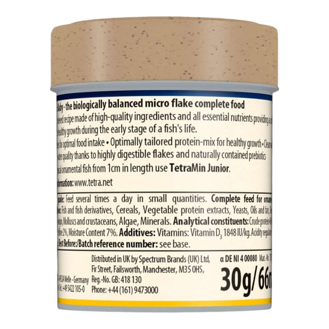 TetraMin Baby micro flakes for ornamental fish growth, balanced nutrition for fish up to 1 cm, promoting strong immune systems.