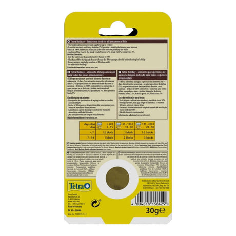 Tetra Holiday Block packaging showing nutritional information and feeding guidelines for ornamental fish.
