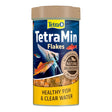 TetraMin Tropical Fish Flakes in a container, promoting healthy fish growth and vibrant colors with natural ingredients.