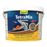 Tetramin Granules fish food container promoting healthy fish and clear water for vibrant fish vitality and growth.