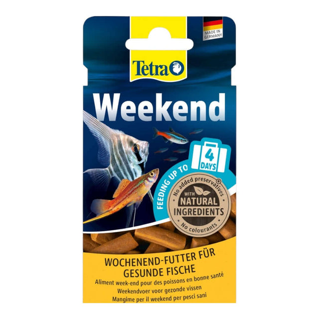Tetramin Weekend Sticks packaging, ideal food for tropical fish, provides nutrition for up to 4 days.