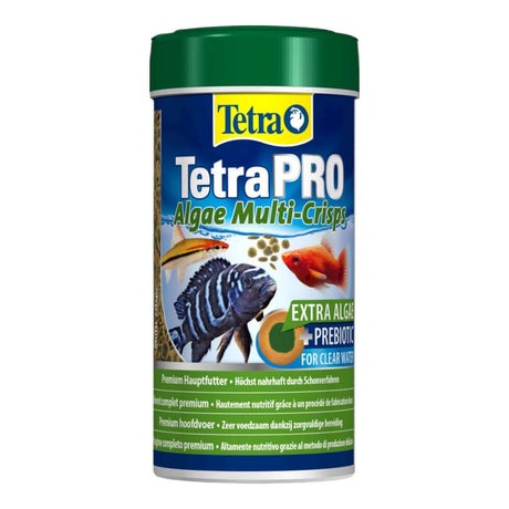 TetraPRO Algae Multi-Crisps canister, premium fish food with extra algae, prebiotics, and high nutritional value.