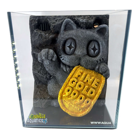 Themed WWW Betta Aqua Aquariums with a cute cat holding a gold bar decoration in a stylish aquarium setup.