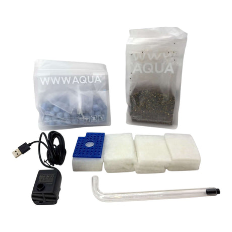 Themed WWW Betta Aqua Aquariums essential components including filter pump, filtration media, and substrate.