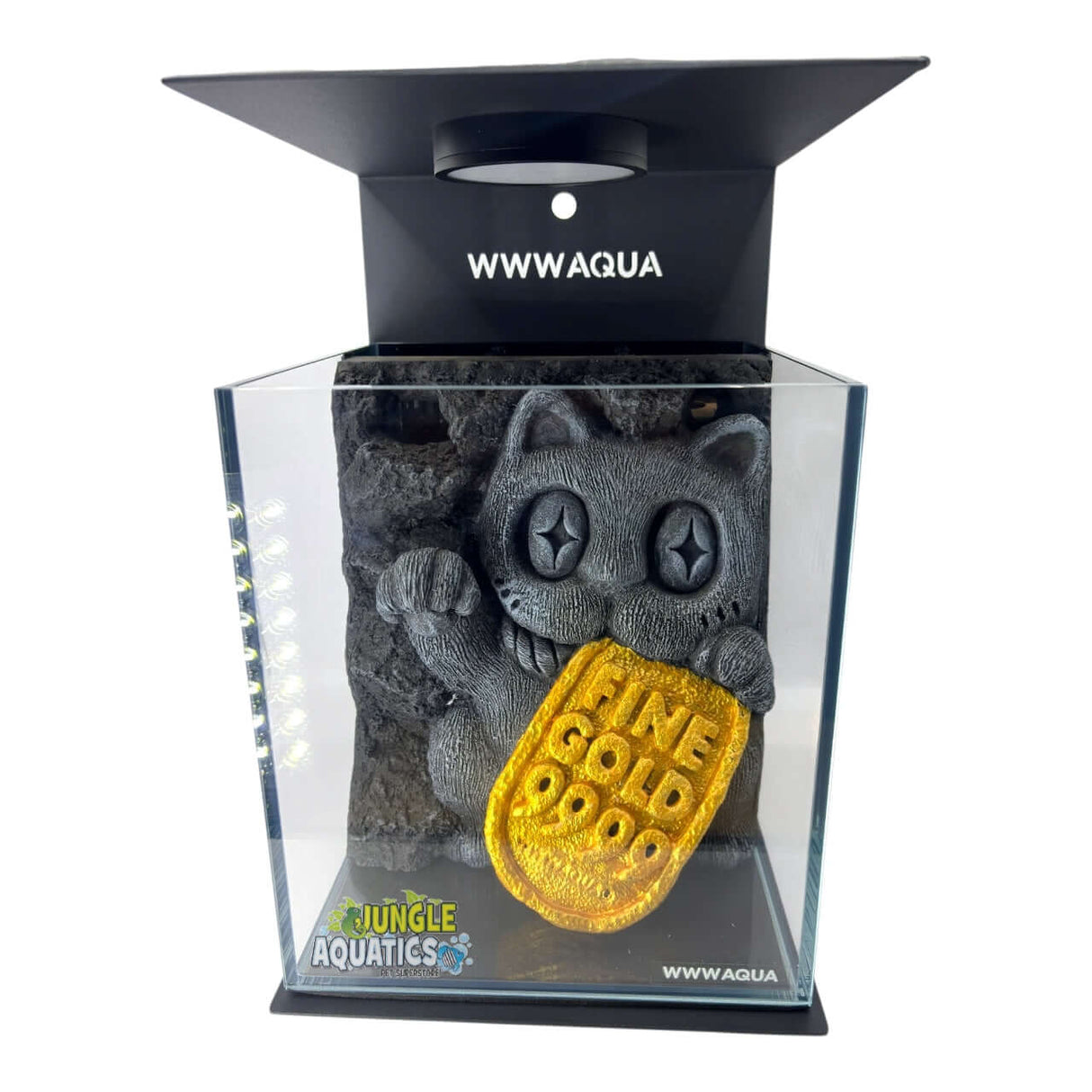 Themed WWW Betta Aqua Aquariums with a unique cat design holding a gold bar, showcasing vibrant aquarium decor.