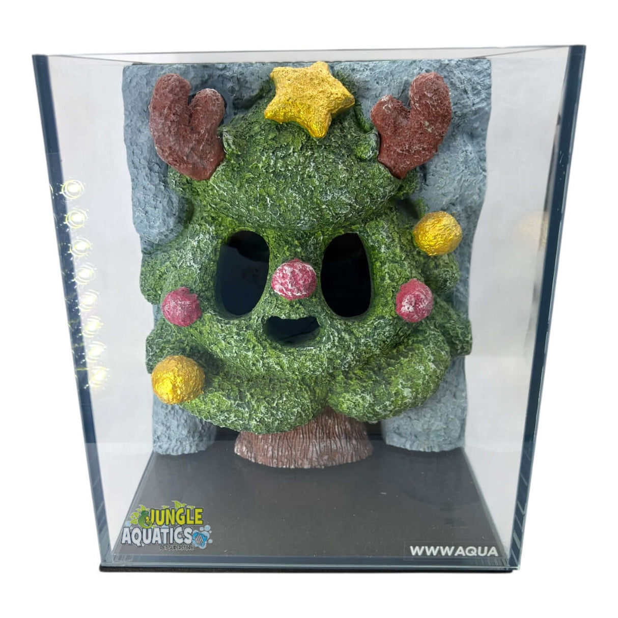 Themed WWW Betta Aqua Aquariums decorative 3D Christmas tree backdrop for aquariums with vibrant colors.