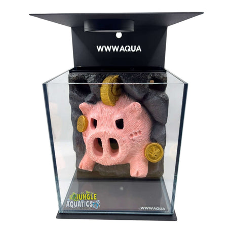 Themed WWW Betta Aqua Aquariums with a pink pig decor inside a glass tank by WWW Aqua.