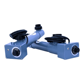 UltraZap Pond Heater units with adjustable controls and hoses for efficient pond heating.