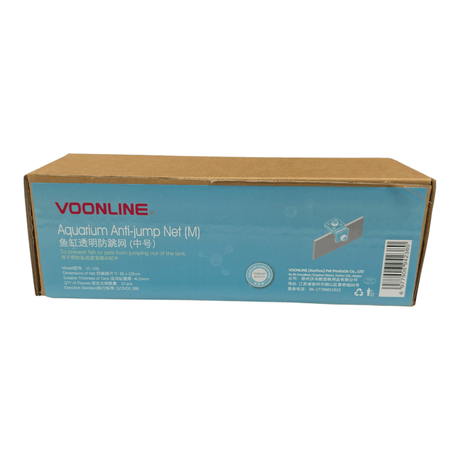 Voonline Aquarium Anti-Jump Net packaging showing medium size, designed to prevent fish from jumping out of the tank.