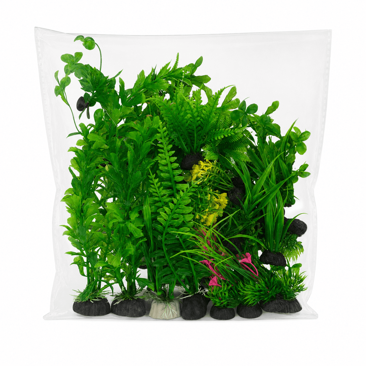 Water Plants for Aquarium Combo 25PCS artificial plants in a clear package for aquarium decoration.