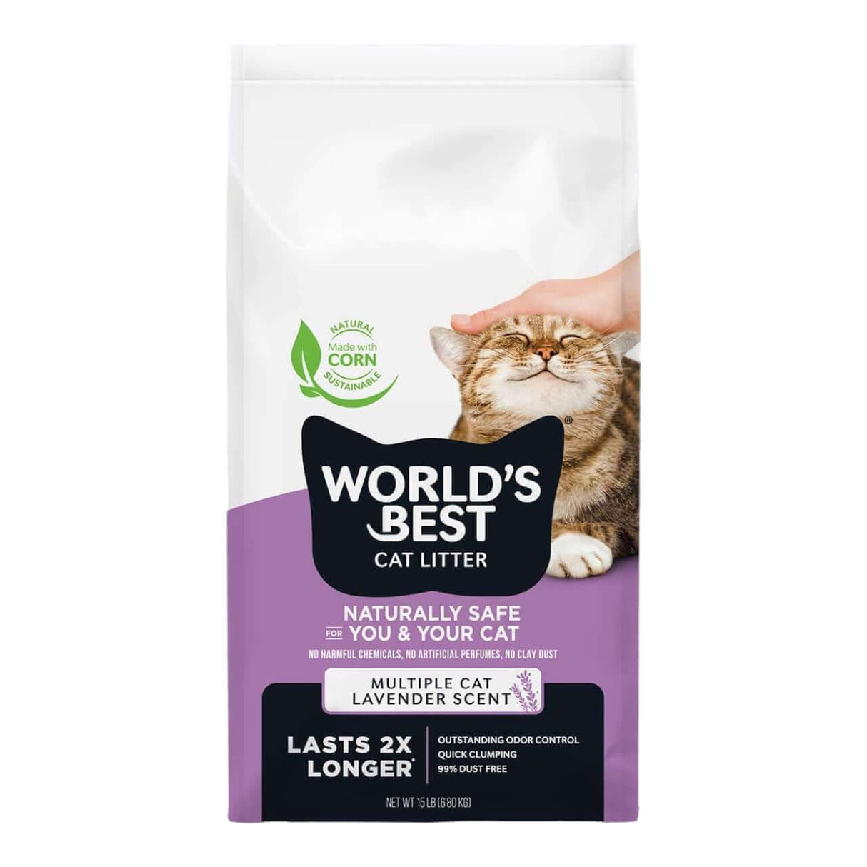 World's Best Lavender Scented Cat Litter bag, eco-friendly, multiple cat use, outstanding odor control, 99% dust-free.