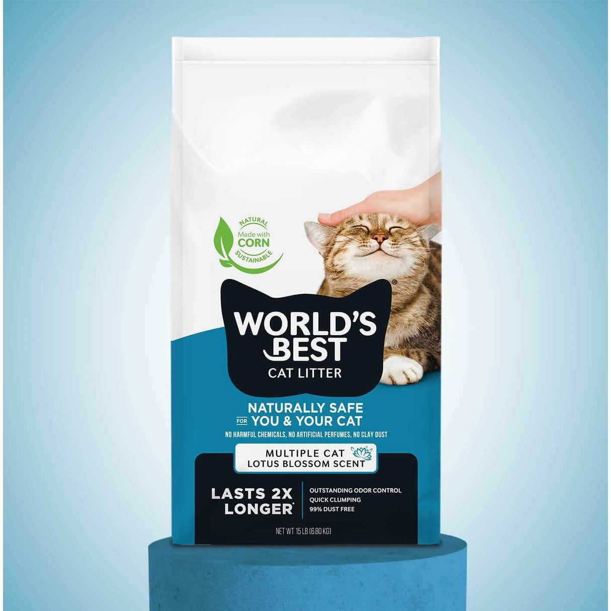 World's Best Multiple Cat Clumping Cat Litter with Lotus Blossom scent, promoting odor control and 99% dust-free formula.