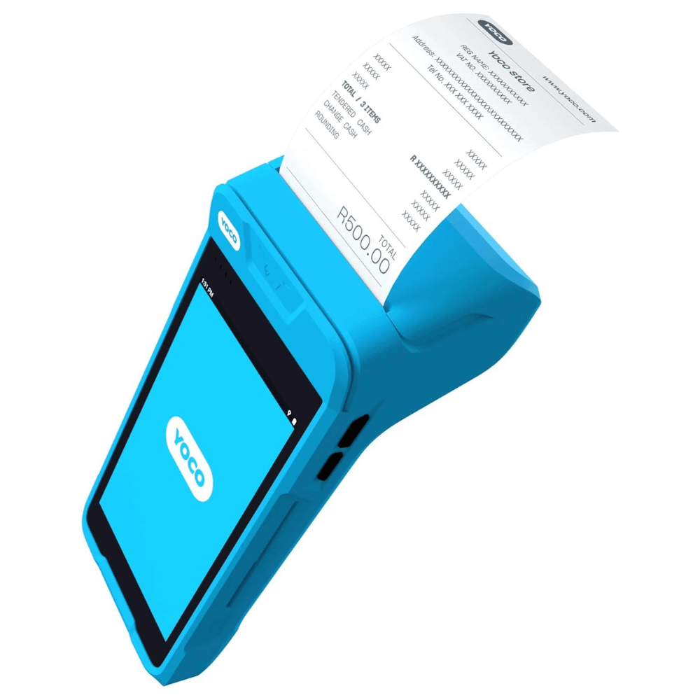 Yoco Khumo Print Card Machine printing a receipt, featuring a modern design and a vibrant blue color.