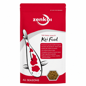 Zenkoi Pond Food All Season 2kg bag featuring vibrant koi design, ideal for year-round nutrition of koi and ornamental fish.