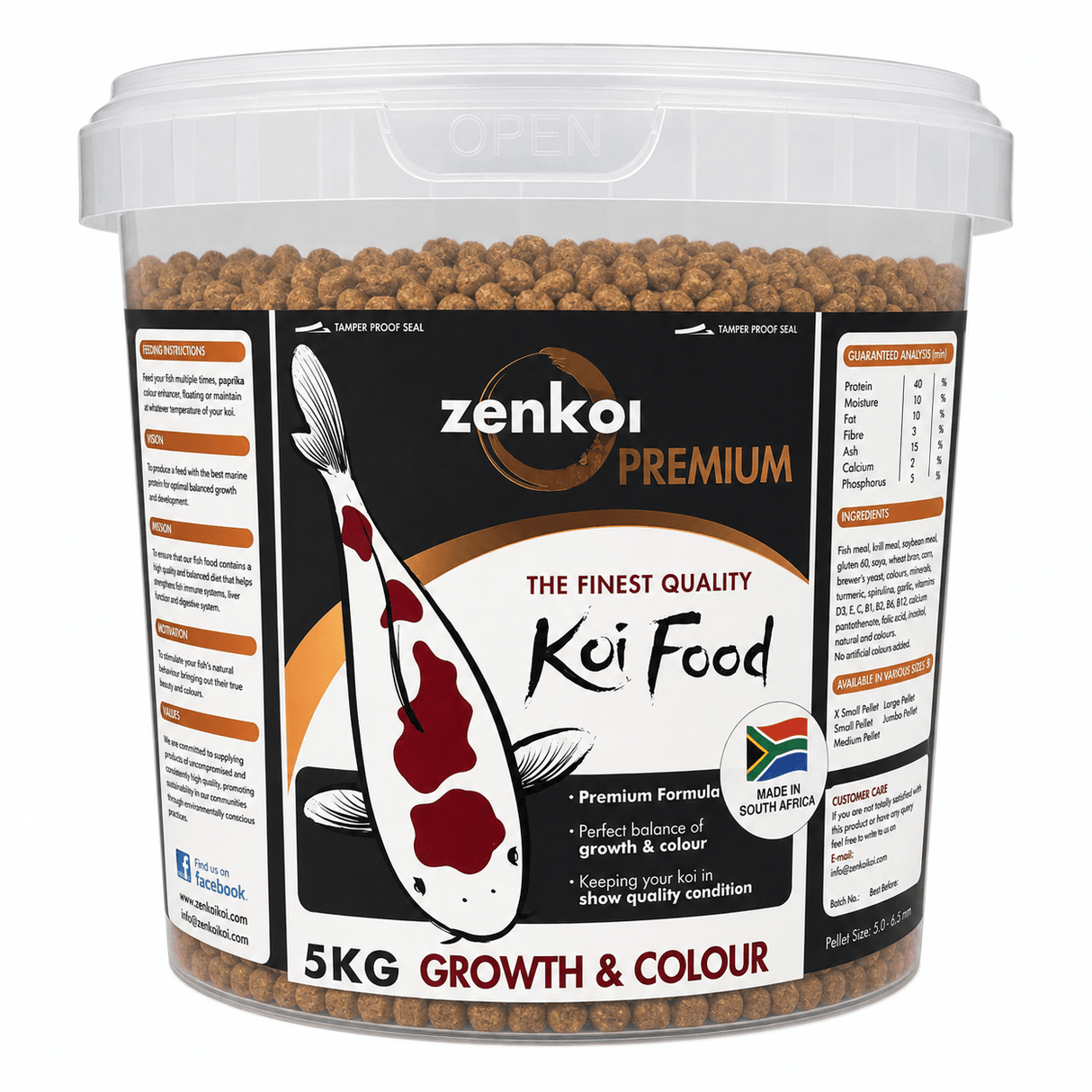 Zenkoi Pond Food Growth and Colour 5kg Bucket with premium koi food pellets and nutritional information.