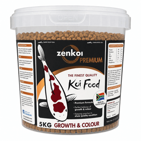 Zenkoi Pond Food Growth and Colour 5kg Bucket with premium koi food pellets and nutritional information.