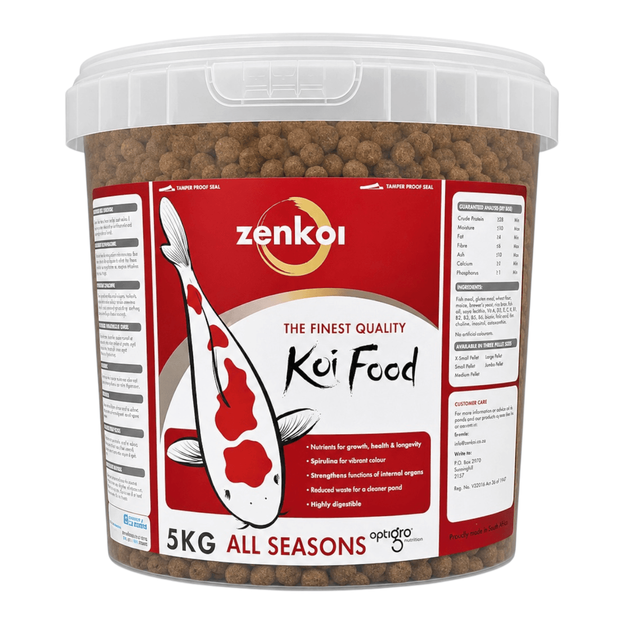 Zenkoi Pond Food All Season 5kg bucket for vibrant health and growth of koi and ornamental fish.