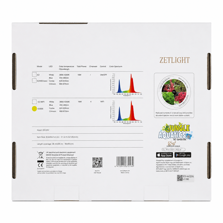 Zetlight E200 Algae Lights specifications and features on the product packaging.