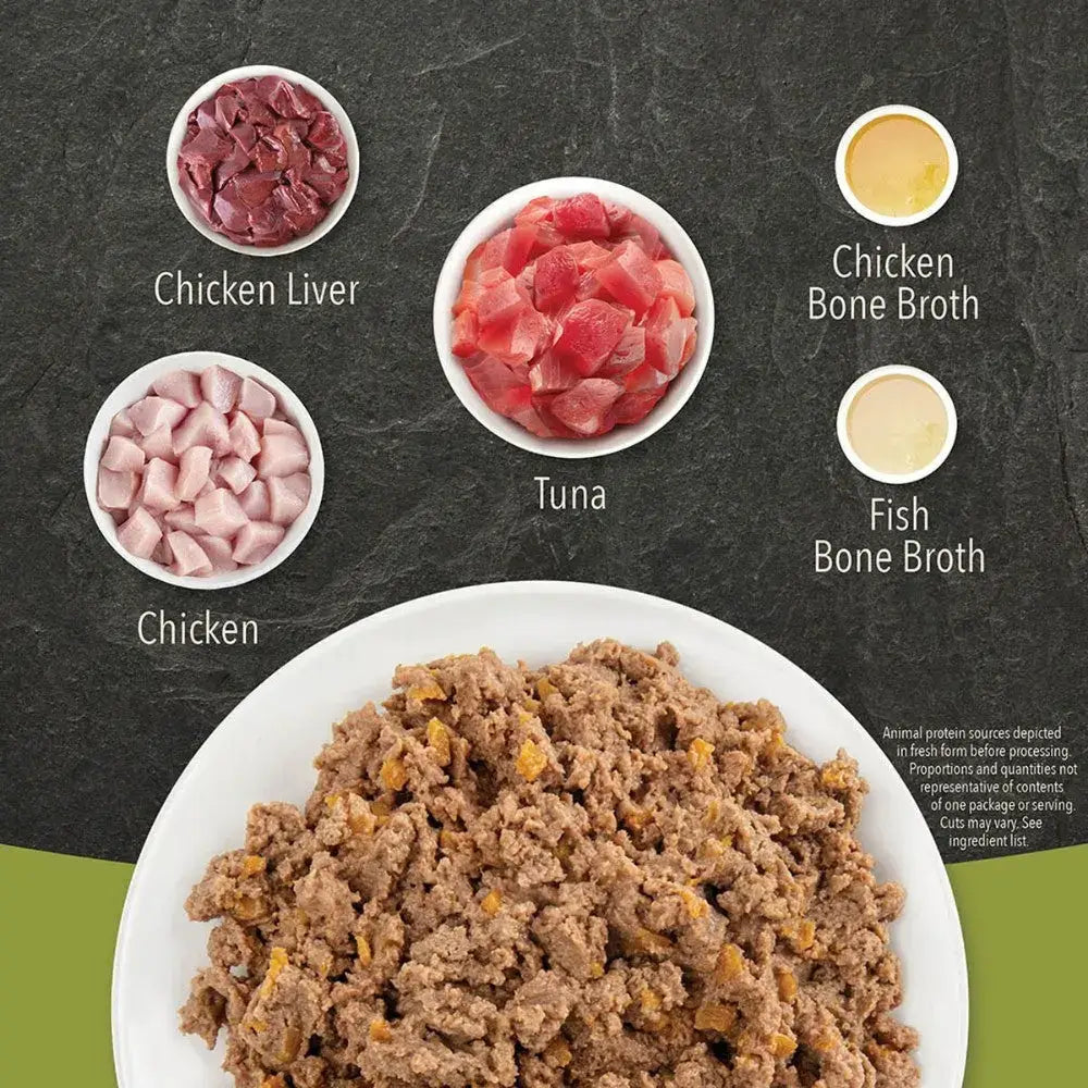 Ingredients for Acana Premium Pâté Tuna with Chicken in Bone Broth Wet Cat Food including chicken liver, tuna, and bone broth.