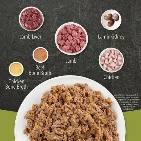 Acana Premium Pâté Lamb in Bone Broth Wet Cat Food ingredients including lamb, chicken, and bone broth.