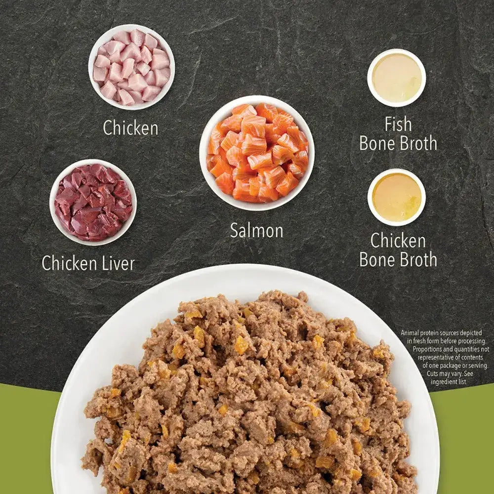 Acana Premium Pâté Salmon with Chicken in Bone Broth Wet Cat Food ingredients, including chicken, salmon, chicken liver, and bone broth.
