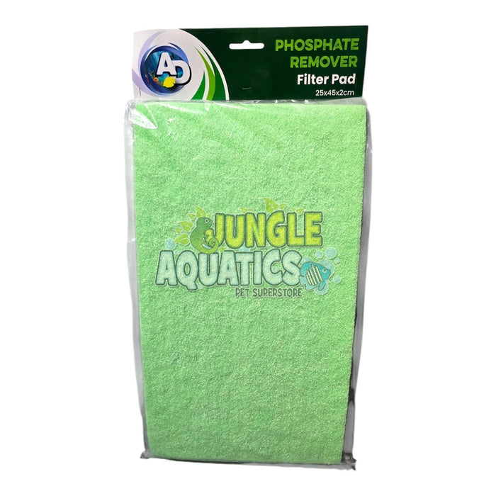 Phosphate remover filter pad in green packaging, suitable for freshwater and marine aquariums, size 25x45x2cm.