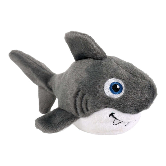 Plush grey shark toy with rubber ball inside, perfect for dog play and cuddling.