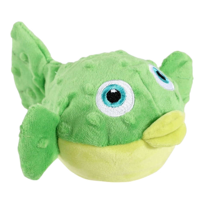 Plush green fish toy with blue eyes and soft texture, combining plush and rubber for dogs' playtime fun.