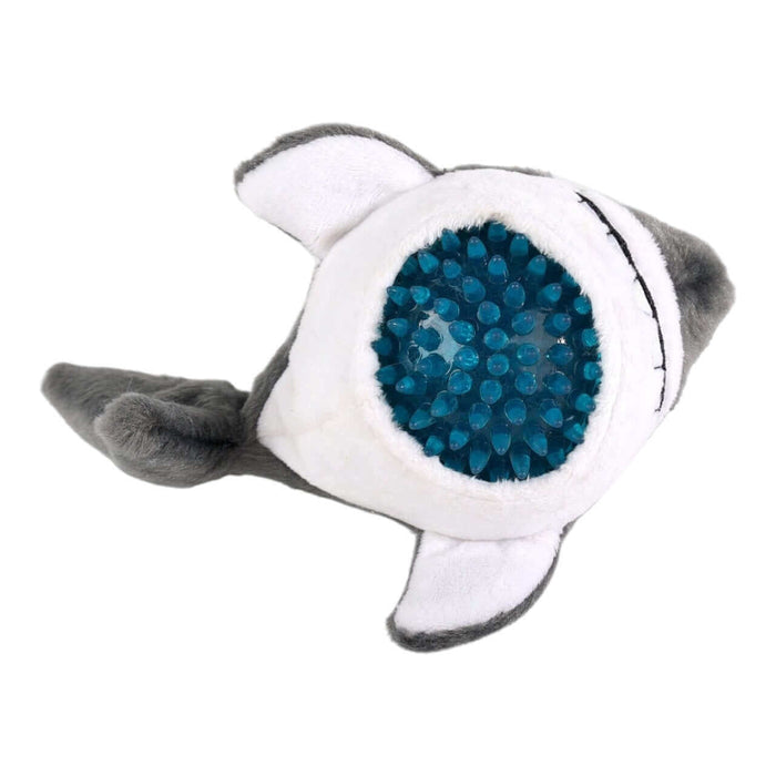 AFP Bouncy Sealife Toy plush shark with rubber ball and spikes for dogs, ideal for fetch and cuddling.