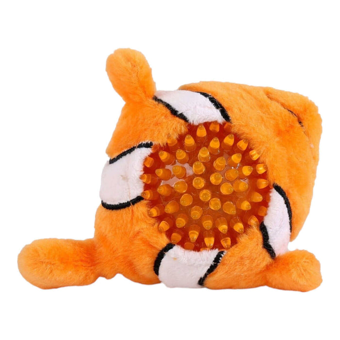 AFP Bouncy Sealife Toy featuring a plush orange fish with a spiky rubber ball inside for dogs to play and cuddle.