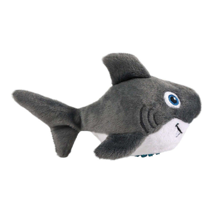 AFP Bouncy Sealife Toy plush shark with blue eyes and soft texture, perfect for dogs to cuddle and fetch.