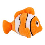 Plush orange clownfish toy with black stripes, perfect for dogs to cuddle and play.