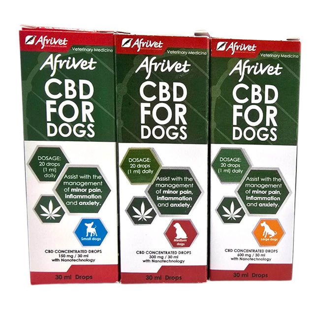 Afrivet nCBD+ for Dogs CBD concentrated drops packaging, designed to assist with anxiety, inflammation, and minor pain in dogs.