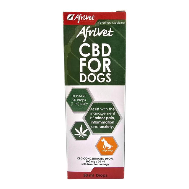 Afrivet nCBD+ for Dogs packaging, 30ml drops for minor pain, inflammation, anxiety, and chronic conditions in pets.