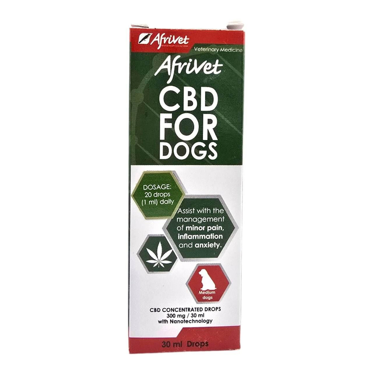 Afrivet nCBD+ for Dogs, 30 ml bottle, CBD drops for managing pain, inflammation, and anxiety in dogs.