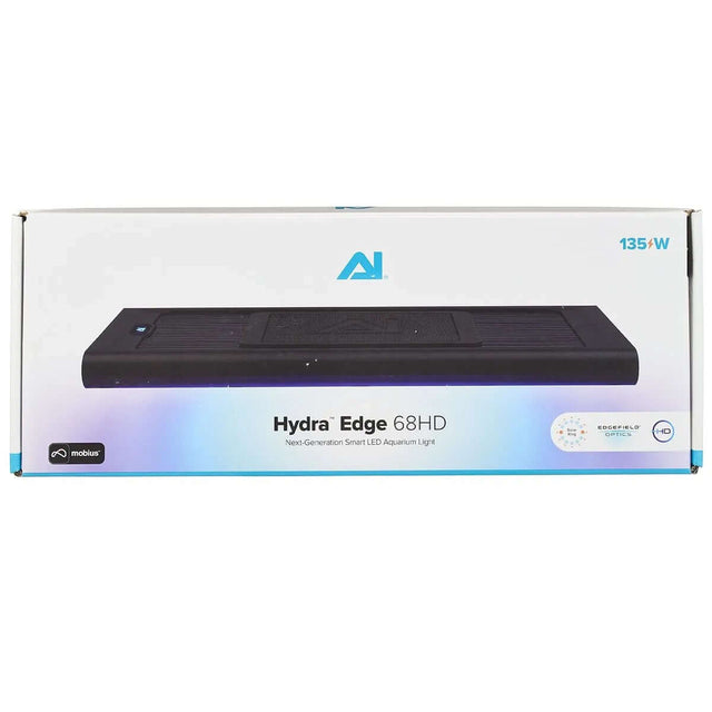 AI Hydra Edge 68HD LED reef light packaging showcasing modern design and smart features for aquarium enthusiasts.